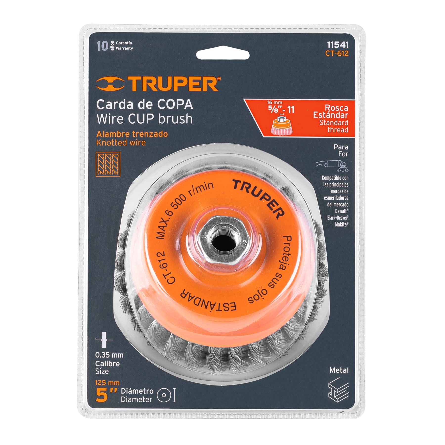 Grata copa trenzada Truper CT-612 en empaque blíster con diámetro de 5 pulgadas, calibre 0.35 mm y rosca estándar 5/8-11