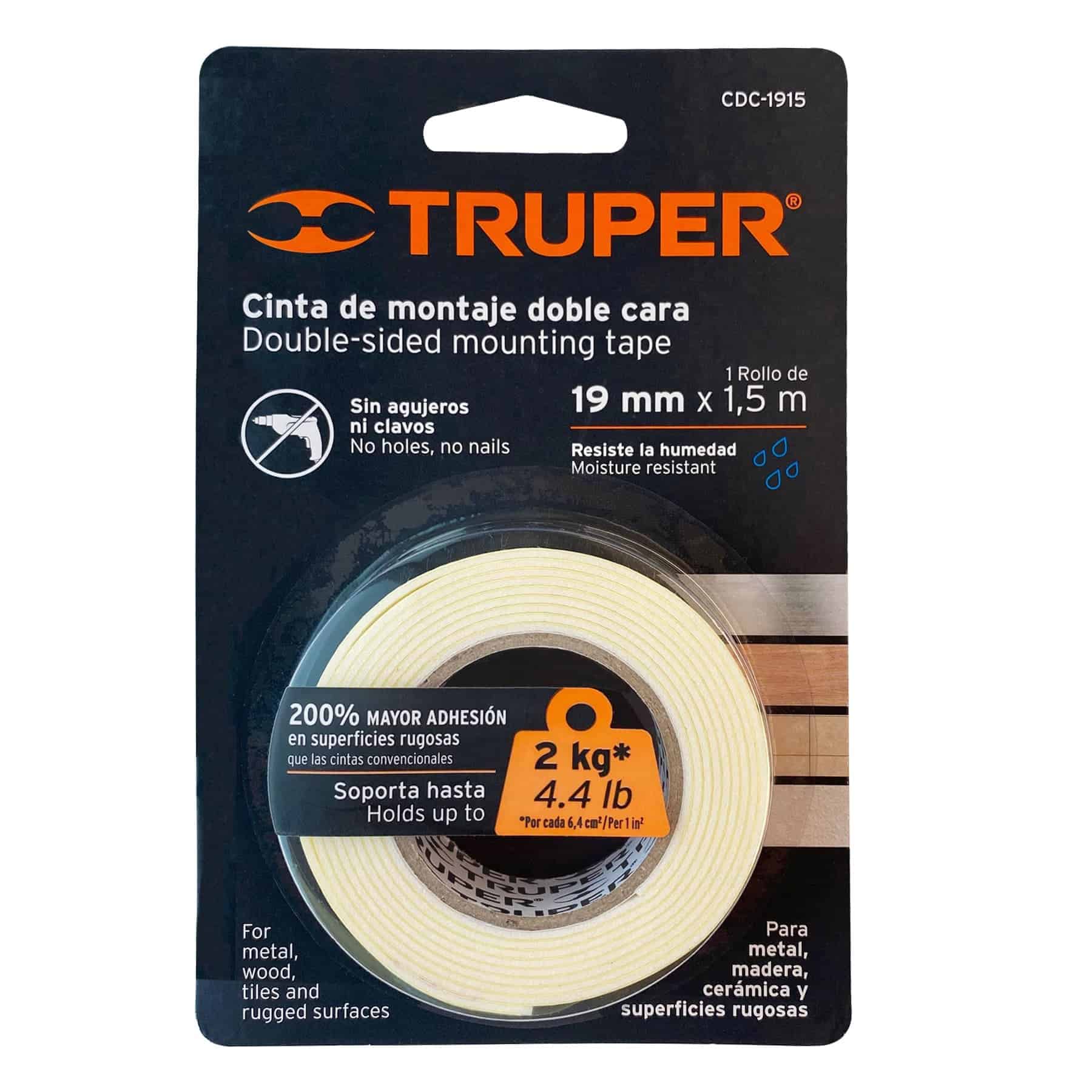 Cinta de montaje doble cara Truper CDC-1915 en blíster, 19 mm x 1,5 m, soporta 2 kg y resiste la humedad