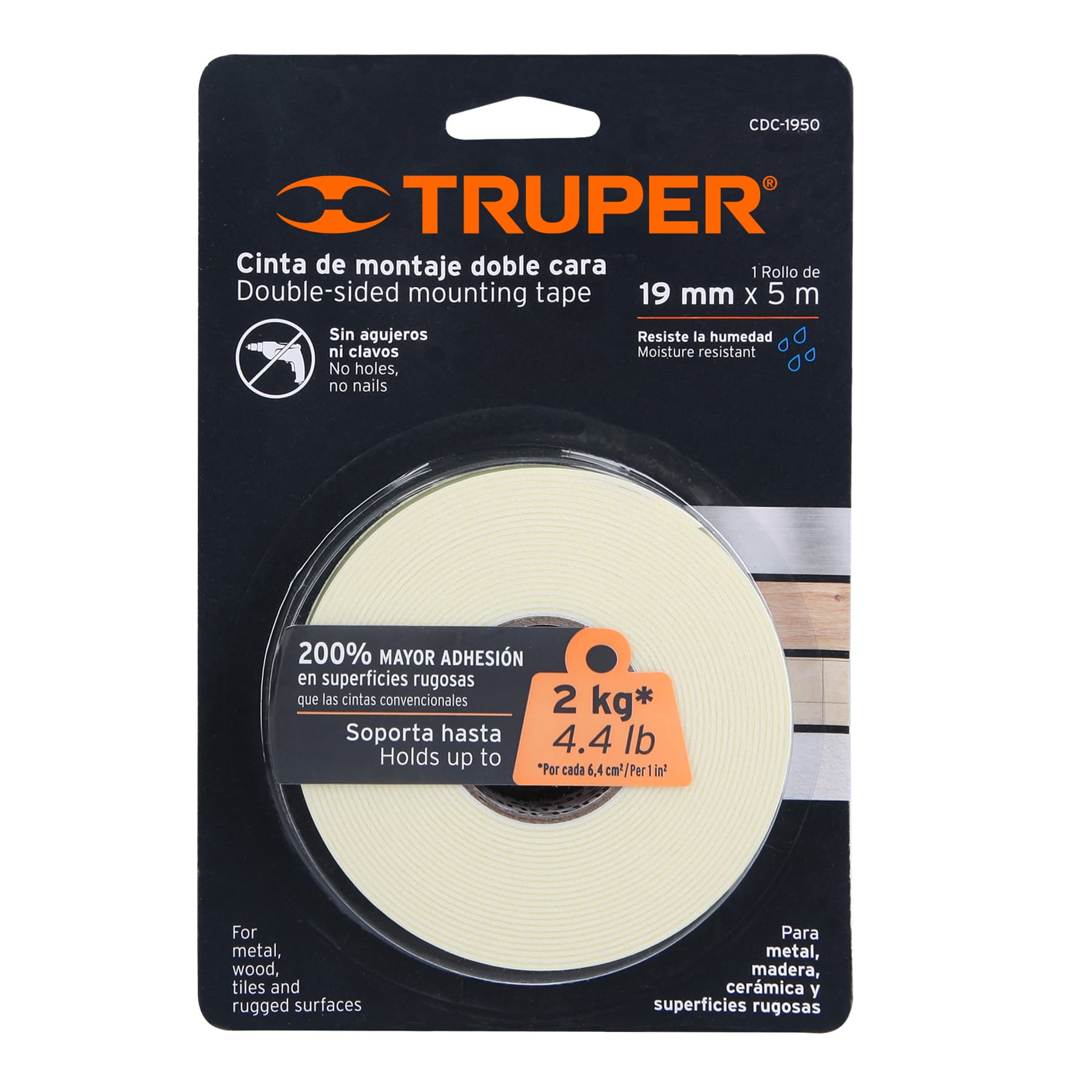 Cinta de montaje doble cara Truper CDC-1950 en blíster, soporta hasta 2 kg y resiste la humedad, para metal y madera