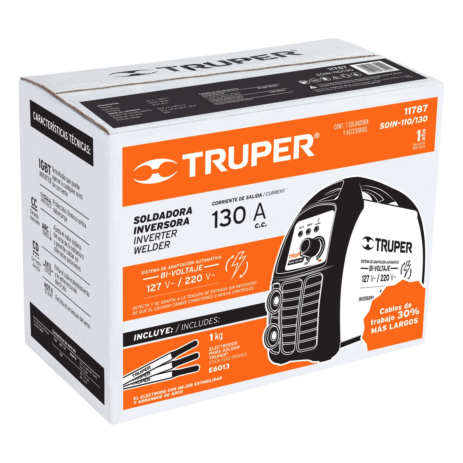 Caja de la soldadora inversora 130A Truper SOIN-110/130 bivoltaje 127/220 V con electrodos E6013 incluidos