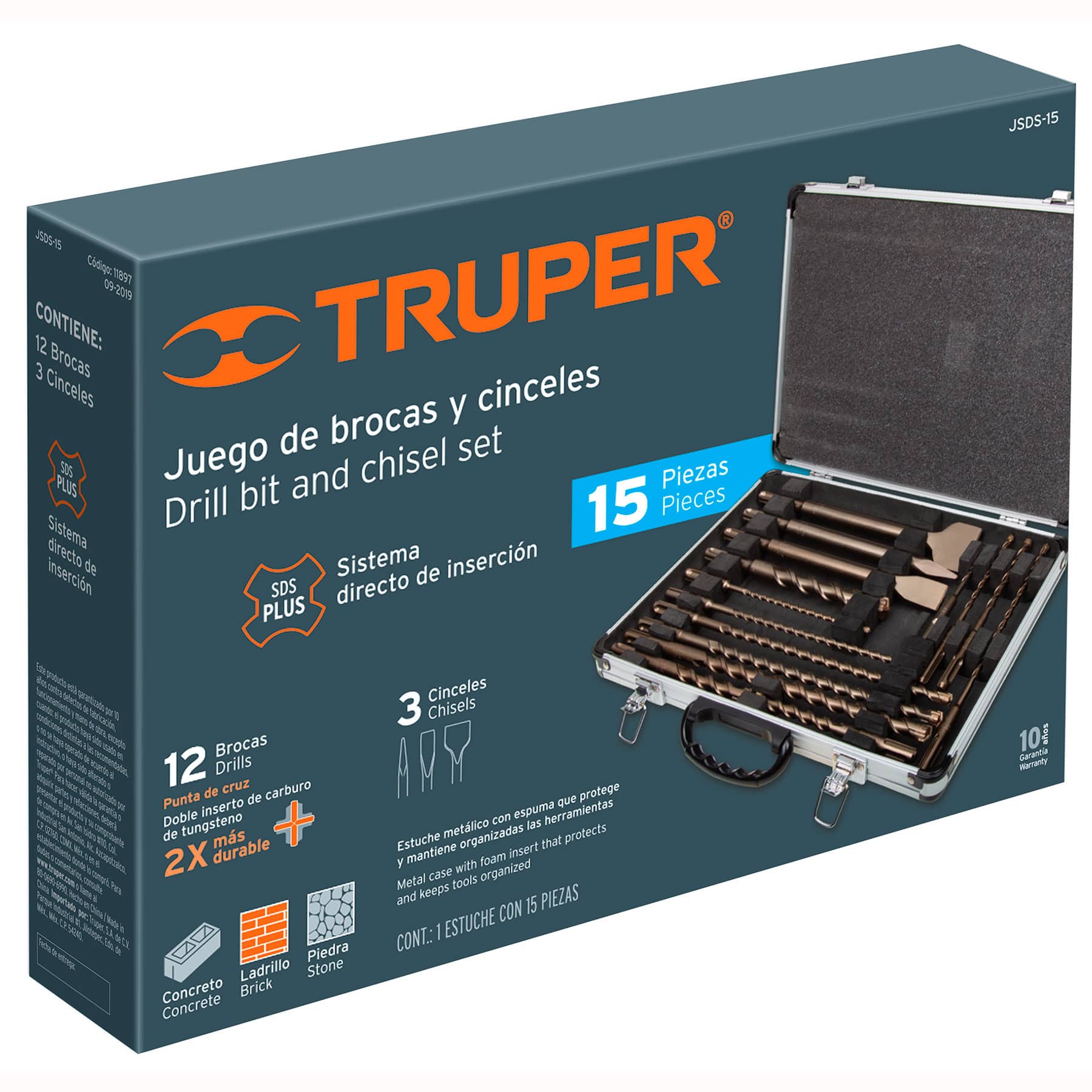 Caja del juego de brocas y cinceles SDS Plus Truper JSDS-15 de 15 piezas para concreto, ladrillo y piedra