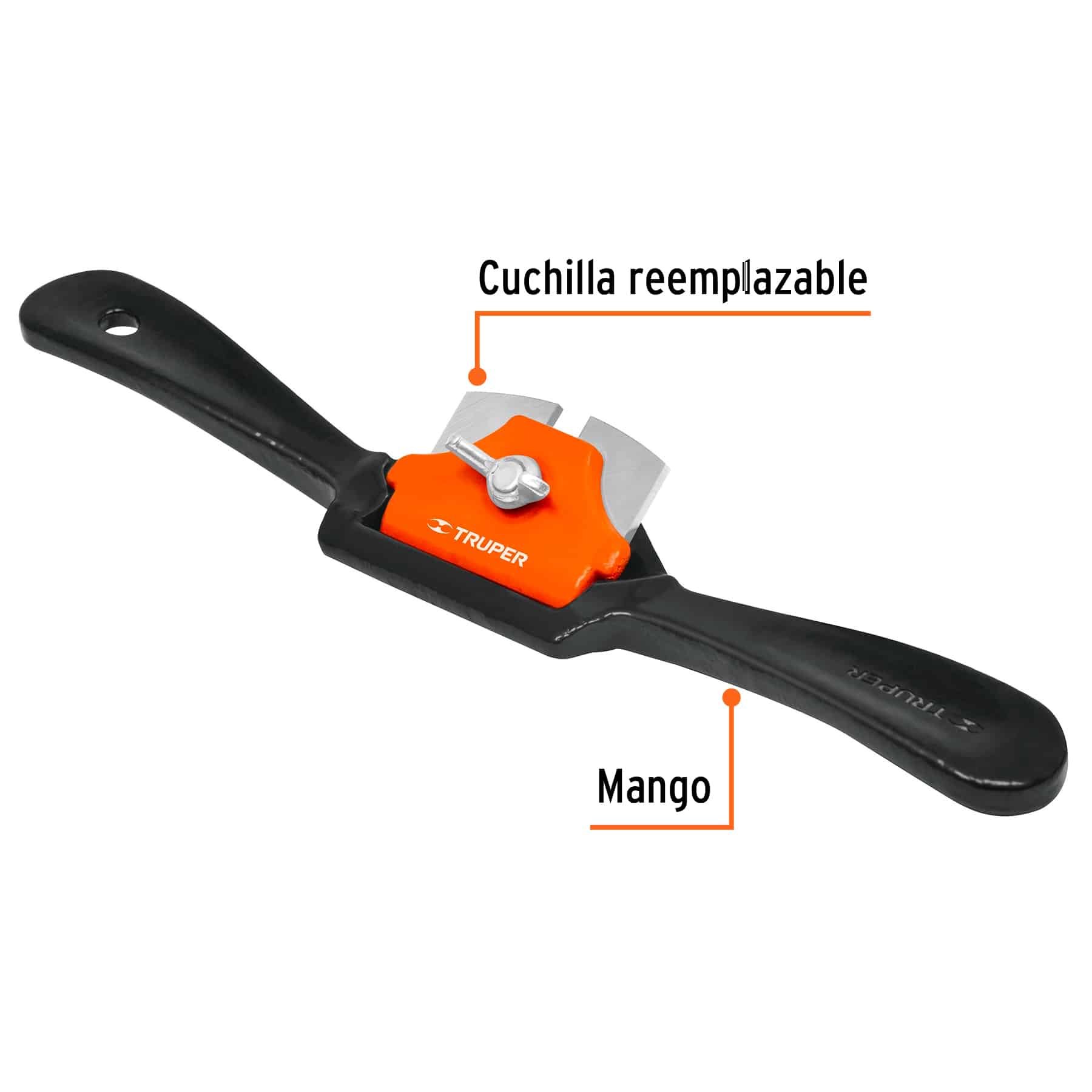 Arza curva Truper E-9C señalando la cuchilla reemplazable y el mango de acero para rebajar madera cóncava
