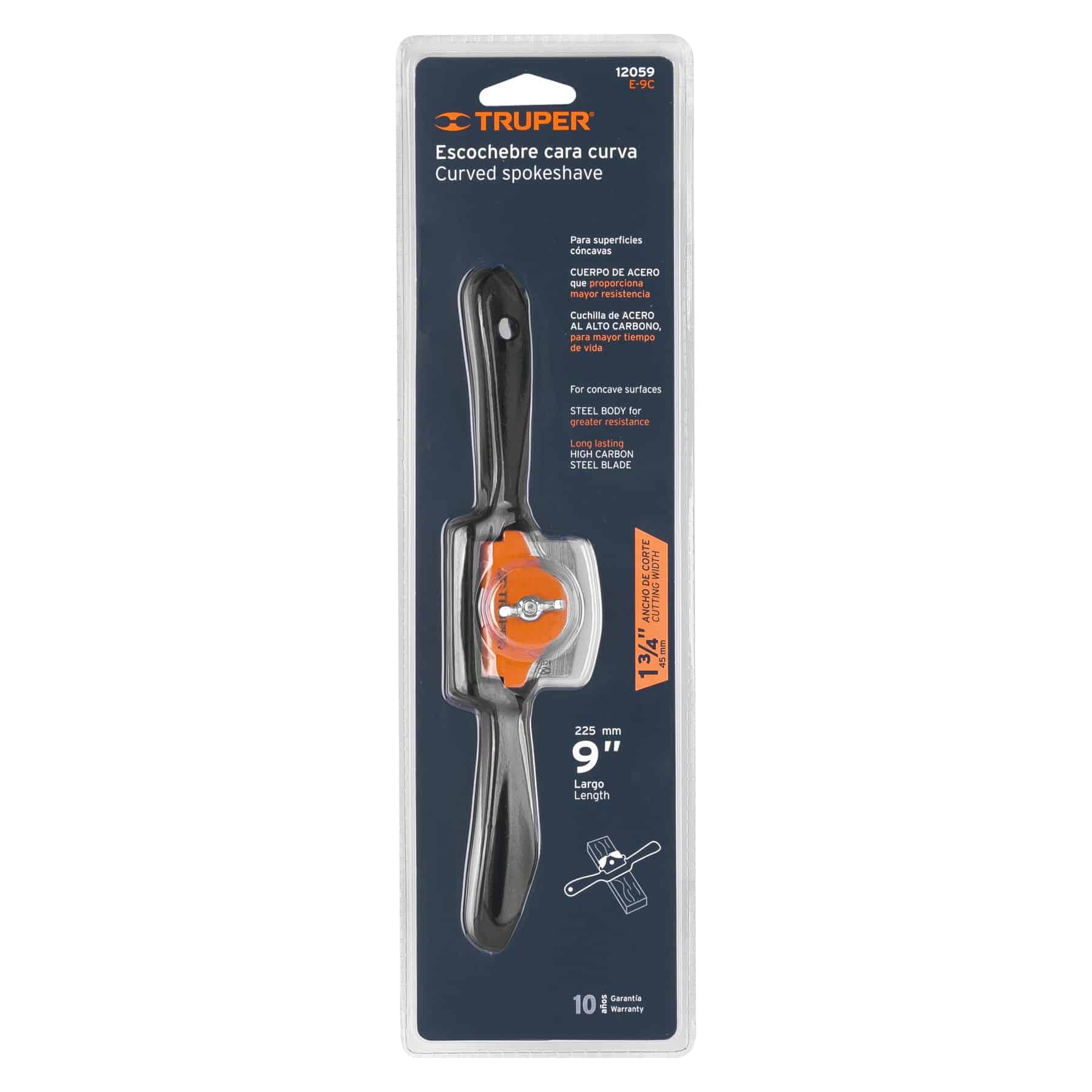 Arza curva Truper E-9C en empaque blíster, escochebre cara curva de 9 pulgadas con ancho de corte de 45 mm