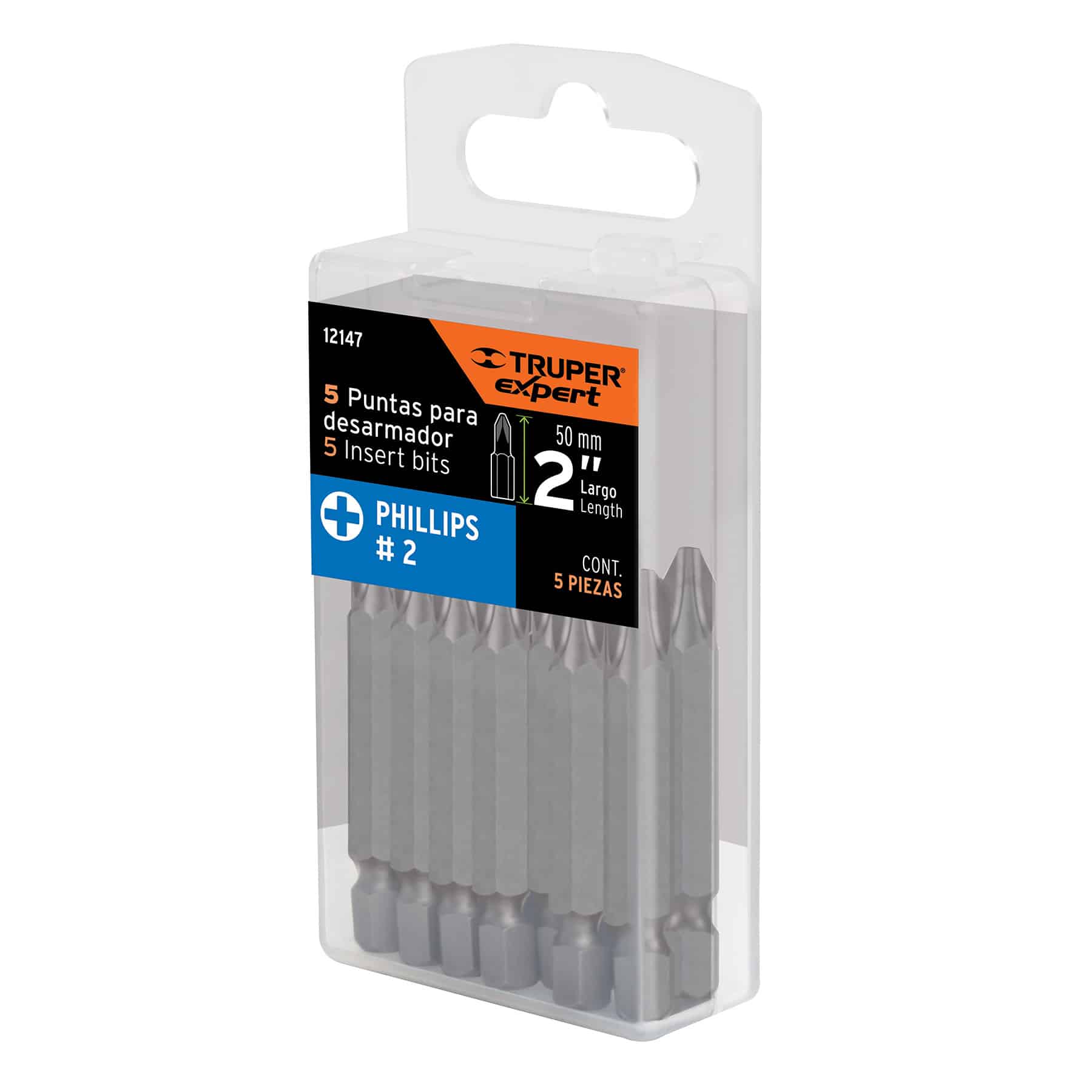 Puntas Phillips 2 pulgadas Truper Expert: estuche transparente con 5 puntas PH2 de 50 mm con gancho para colgar