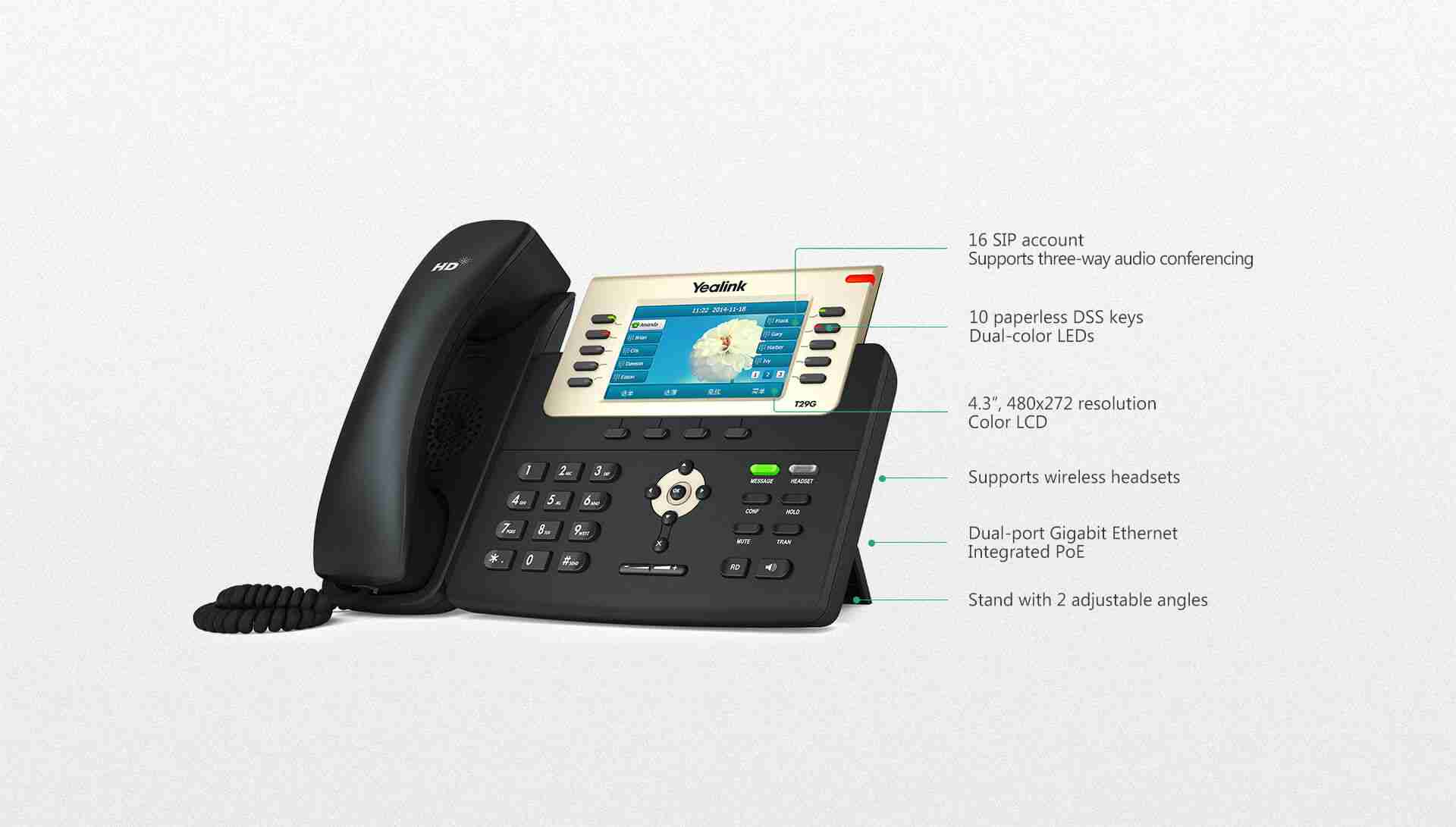 Teléfono IP Yealink T29G en vista lateral con soporte ajustable, teclas DSS con LED bicolor y pantalla LCD de 4,3 pulgadas