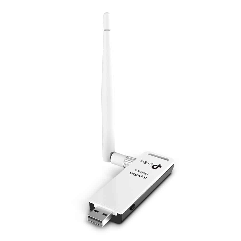 TP Link TL-WN722N adaptador WiFi USB 150 Mbps con conector USB descubierto y antena vertical, vista de perfil
