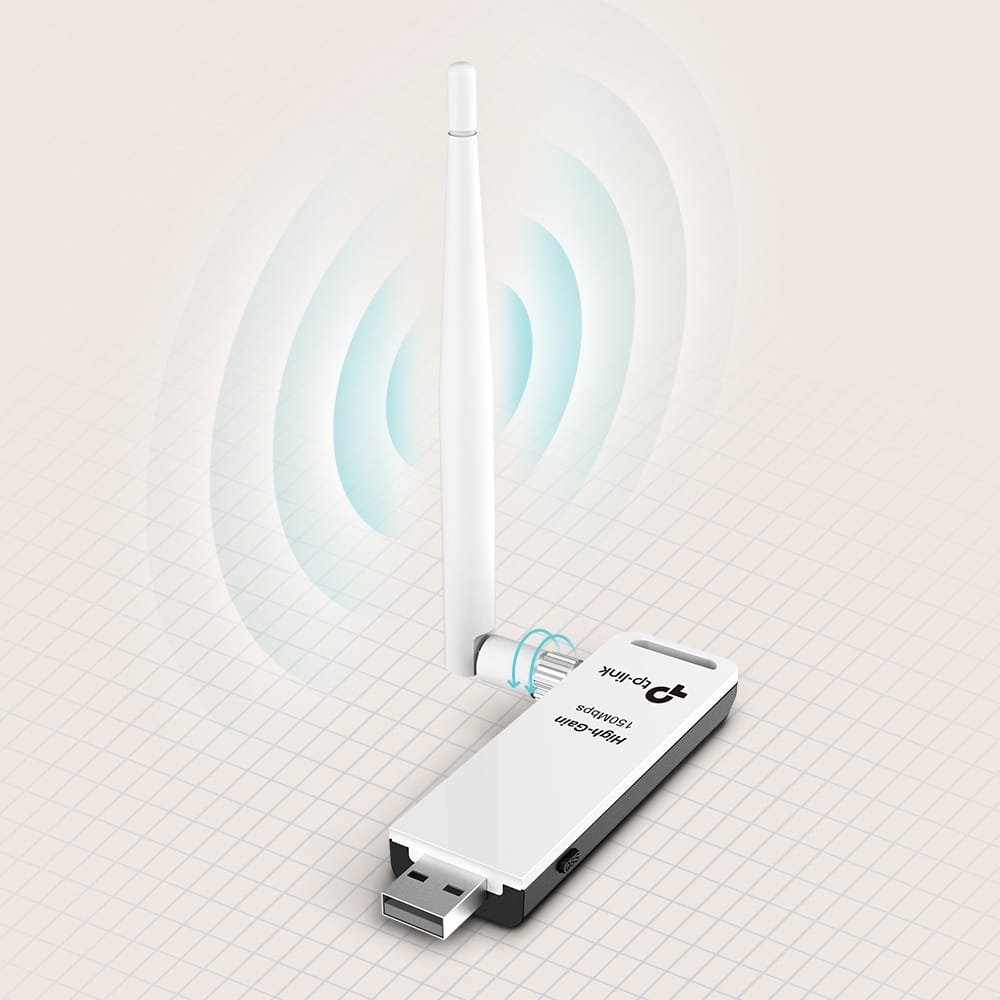 TP Link TL-WN722N con antena giratoria de alta ganancia emitiendo ondas de señal WiFi, ilustración de cobertura