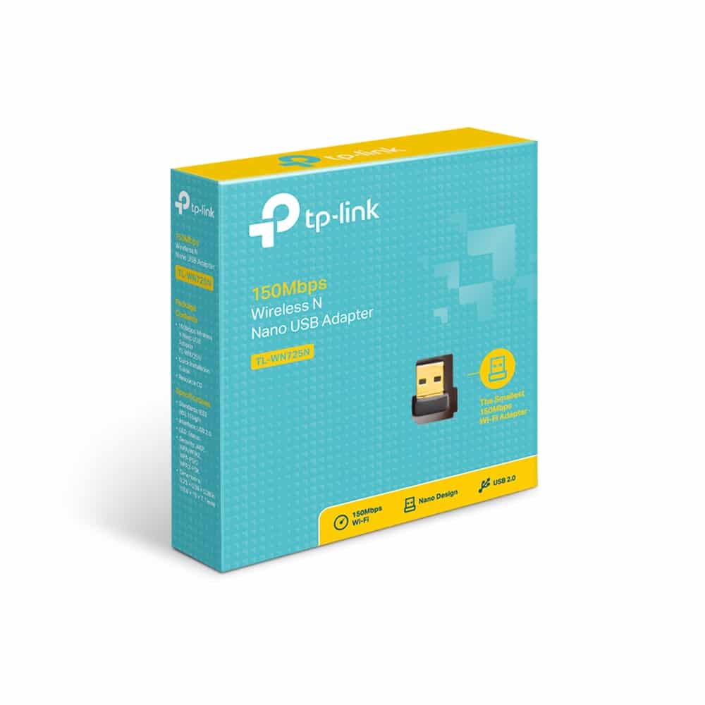 Caja original del adaptador WiFi nano USB TP-Link TL-WN725N de 150 Mbps con diseño nano y conexión USB 2.0