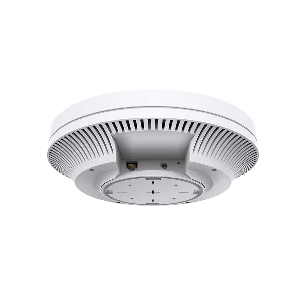 Access point TP Link EAP660 HD vista inferior con puerto Ethernet, base de montaje y ranuras de ventilación