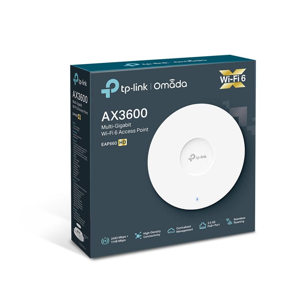 Caja del access point TP Link EAP660 HD Omada AX3600 Wi-Fi 6 con datos de velocidad, PoE+ y puerto 2.5 GE