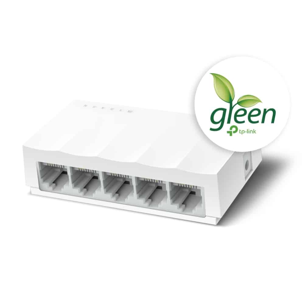 Switch 5 puertos TP-Link LS1005 en vista lateral con sello Green de TP-Link por su tecnología de ahorro de energía