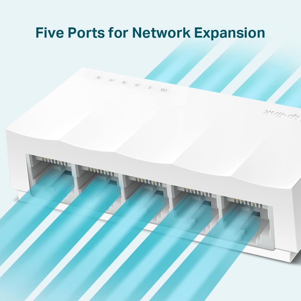 Switch 5 puertos TP-Link LS1005 con ilustración de cables de red conectados a sus cinco puertos para ampliar la red
