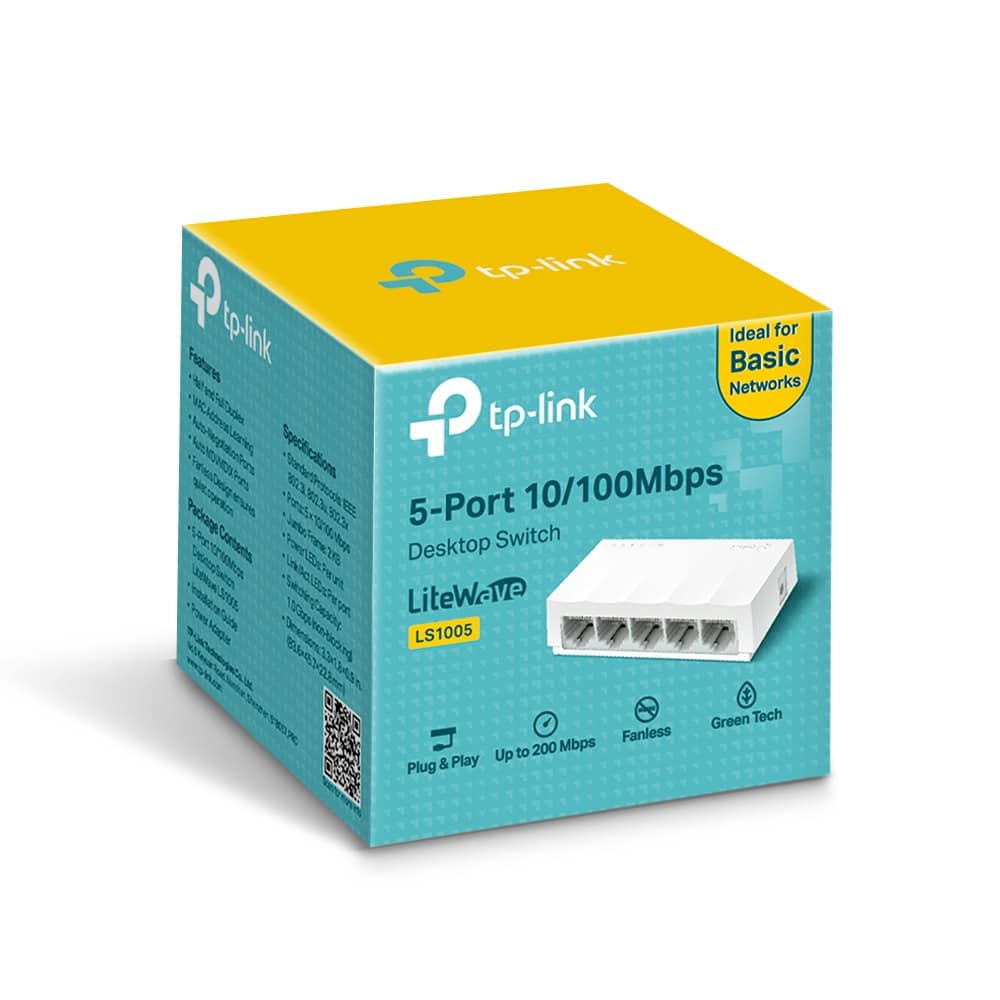 Caja del switch 5 puertos TP-Link LS1005 LiteWave 10/100 Mbps de escritorio, con íconos de plug and play y sin ventilador