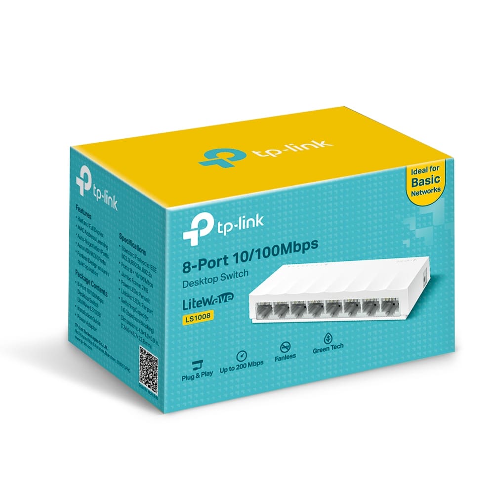 Caja del switch TP Link 8 puertos LiteWave LS1008 de escritorio 10/100 Mbps, plug and play y diseño sin ventilador