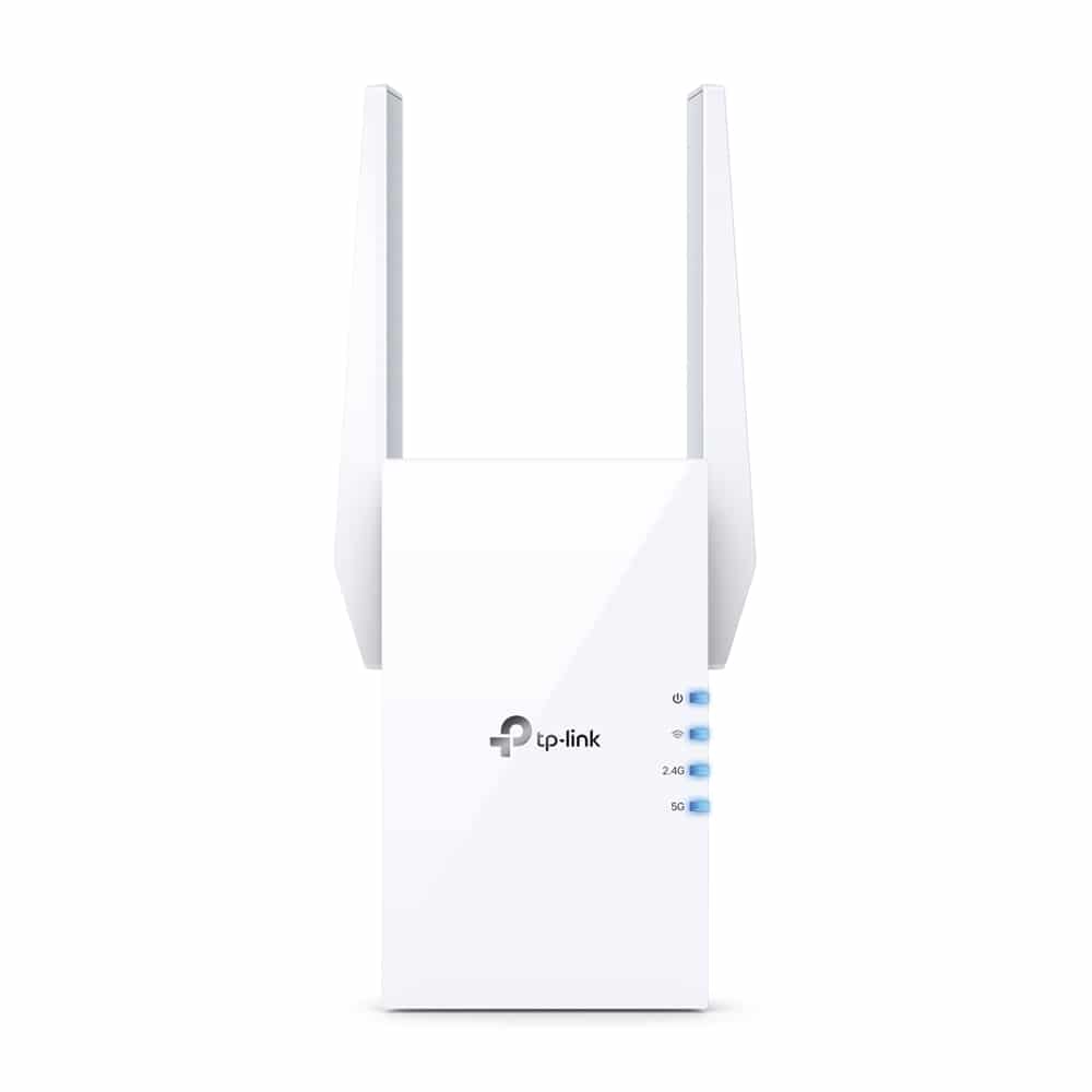 Repetidor WiFi TP-Link RE505X de frente con dos antenas desplegadas e indicadores LED de encendido y bandas