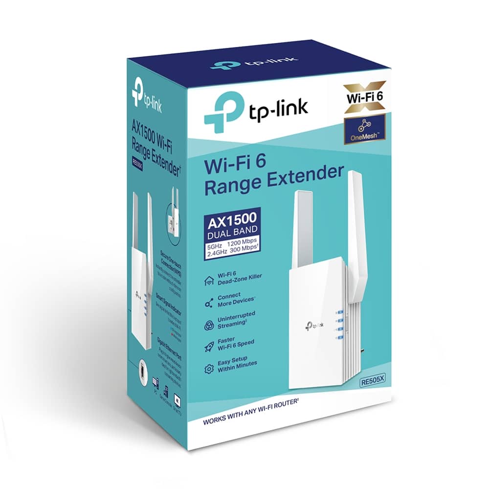 Caja del repetidor WiFi TP-Link RE505X AX1500 Wi-Fi 6 doble banda con sello OneMesh y empaque original