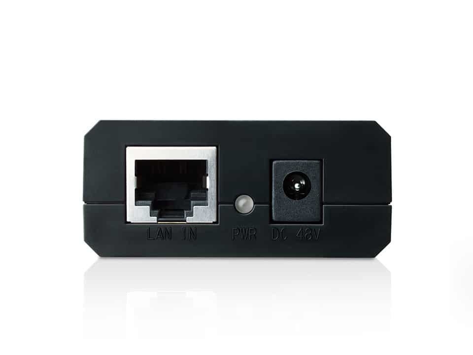 Inyector PoE TP-Link TL-POE150S, panel con puerto LAN IN, indicador PWR y entrada de alimentación DC 48V