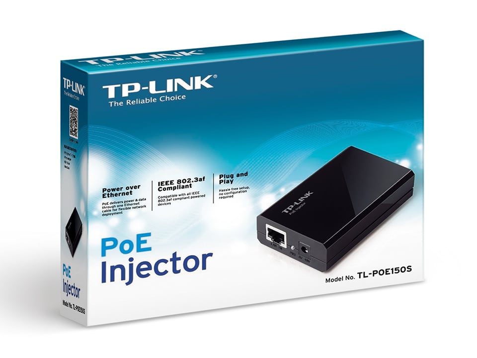 Caja del inyector PoE TP-Link TL-POE150S con sellos IEEE 802.3af, Power over Ethernet y Plug and Play