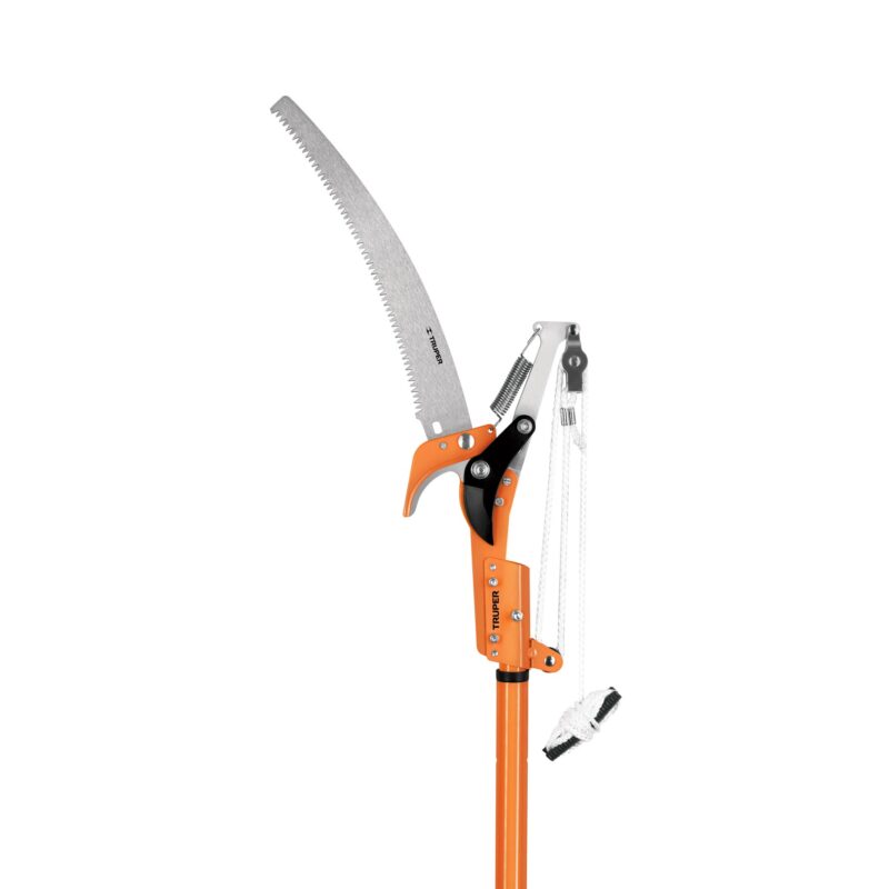 Cortador de ramas altas Truper con serrucho curvo de 14 pulgadas, cuchilla de paso, resorte y cuerda blanca de polea