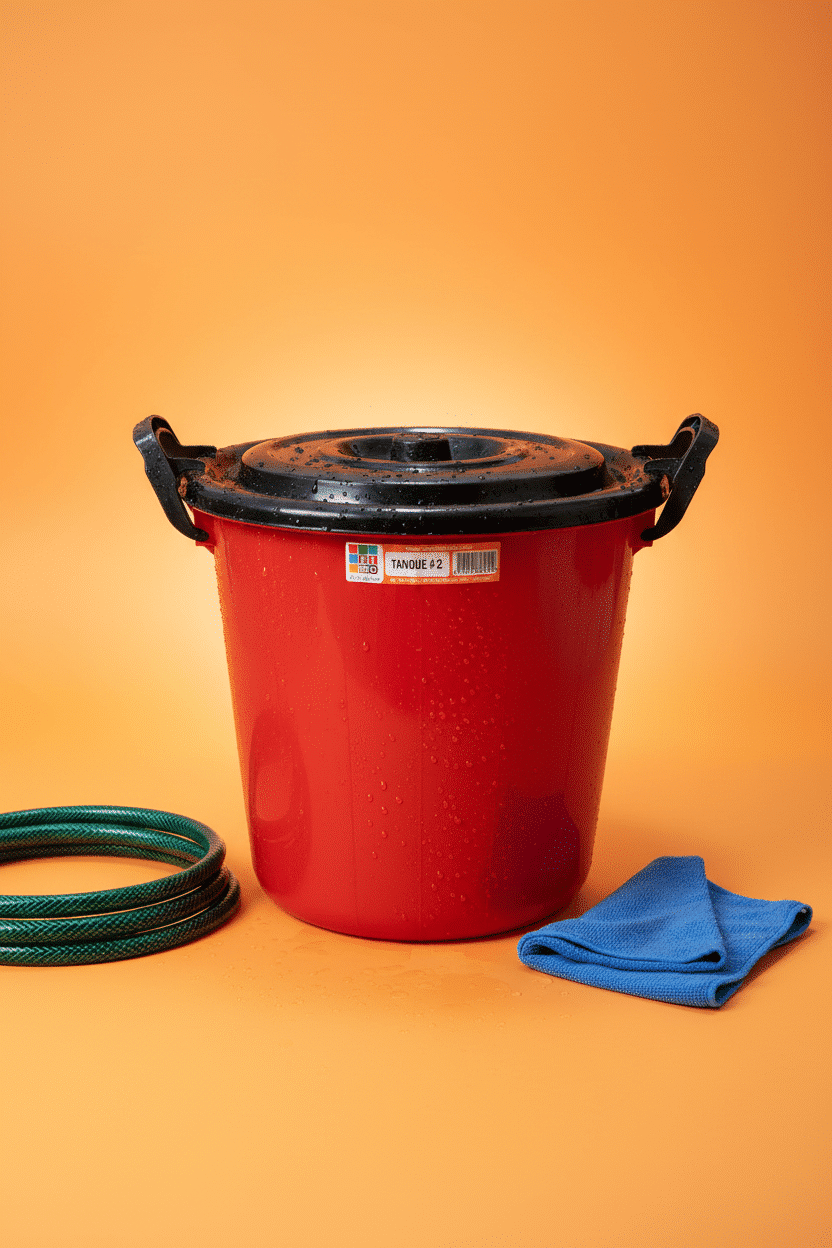 Tanque de agua 20 litros Rimo rojo con gotas de agua, tapa negra, manguera verde y paño azul sobre fondo naranja