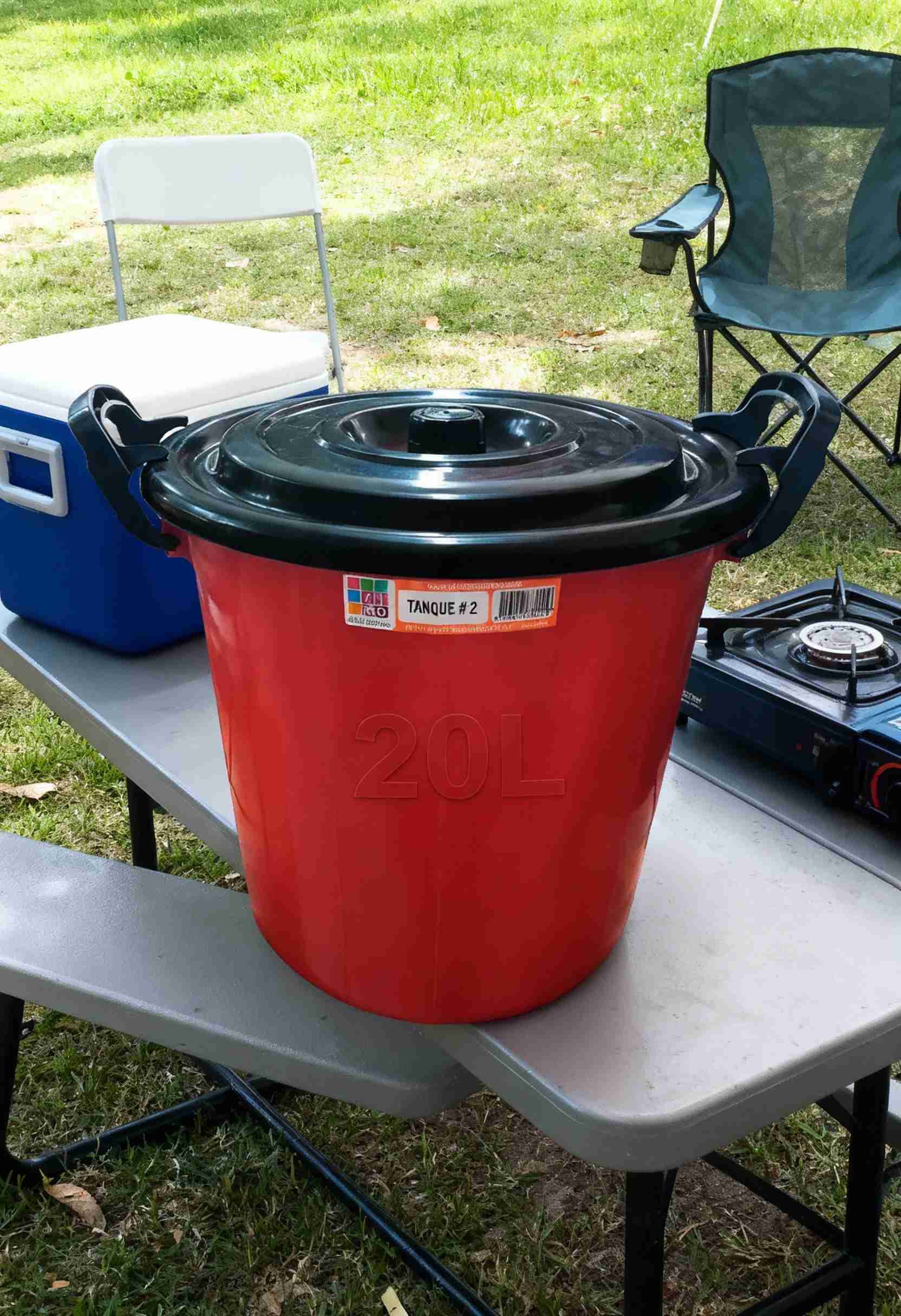 Tanque de agua 20 litros Rimo con tapa sobre mesa plegable al aire libre junto a nevera portátil y estufa de gas