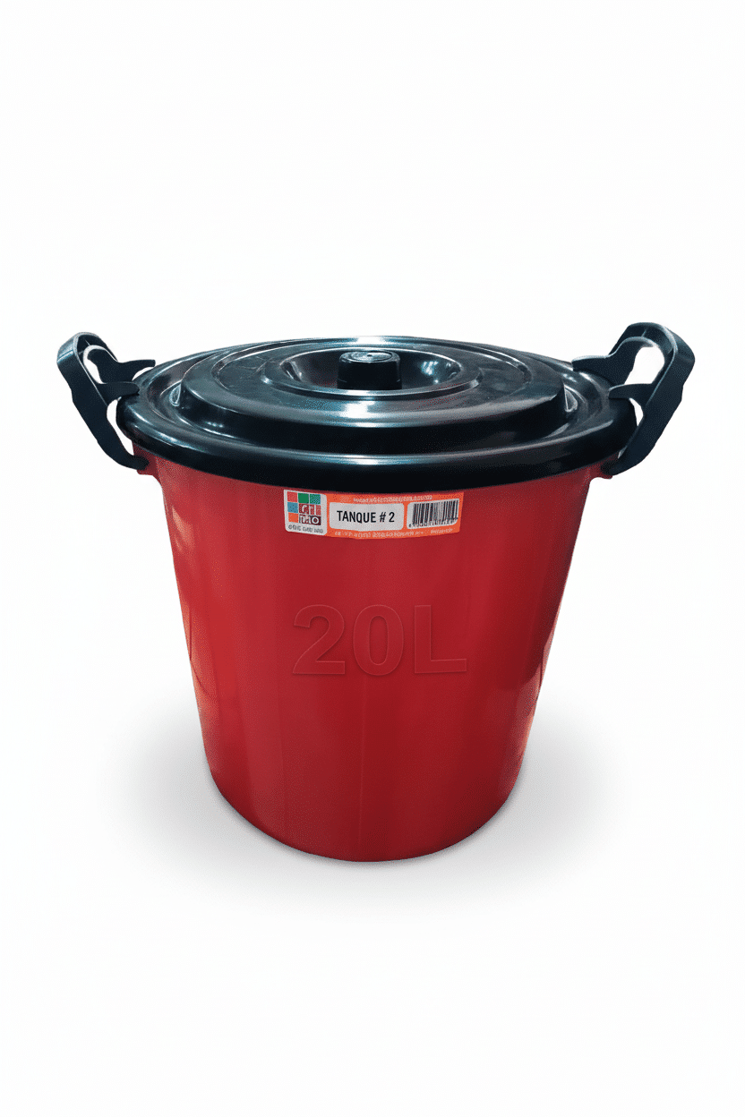 Tanque de agua 20 litros Rimo rojo con tapa negra, dos manijas laterales y capacidad 20L grabada, sobre fondo blanco