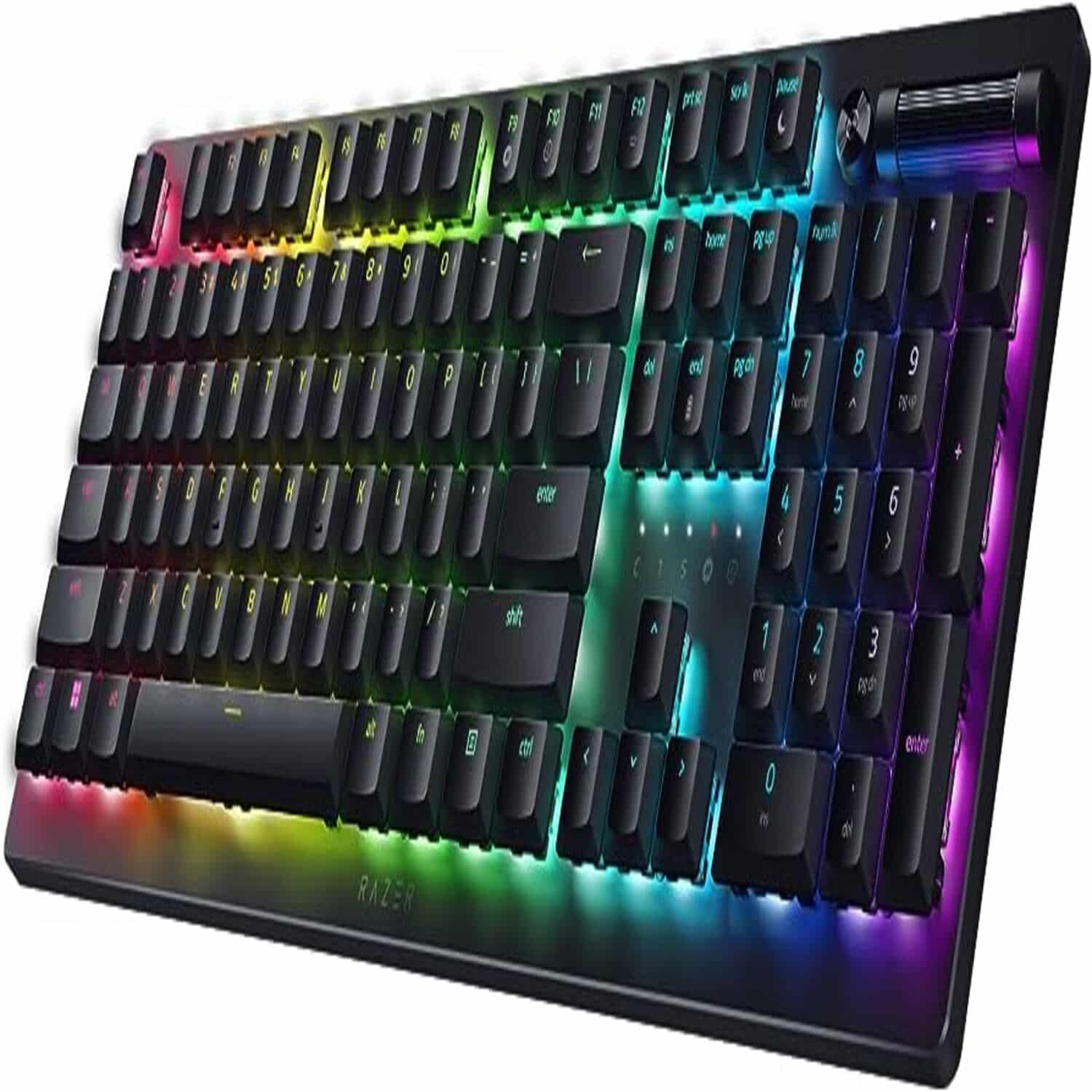 Teclado gamer inalámbrico Razer DeathStalker V2 Pro visto en ángulo, teclas de perfil bajo y luz RGB en el borde