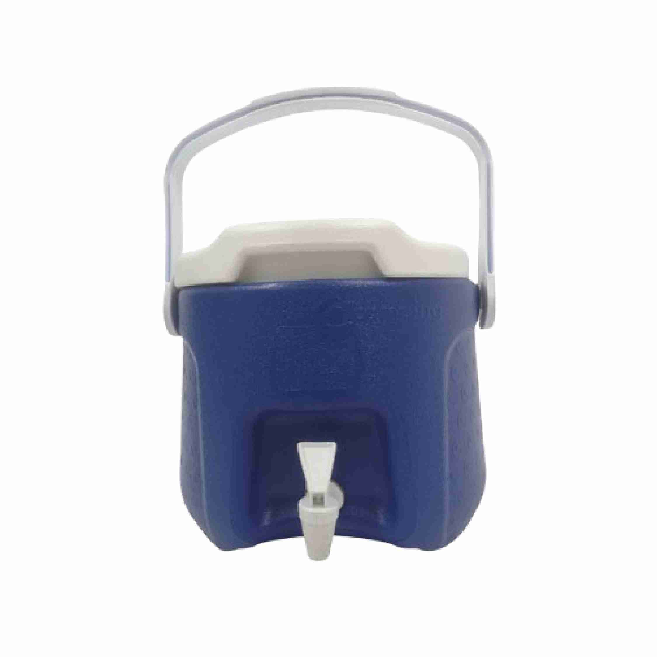 Nevera portátil pequeña Colplast de 5 litros azul con tapa blanca, grifo dispensador y asa para llevar bebidas