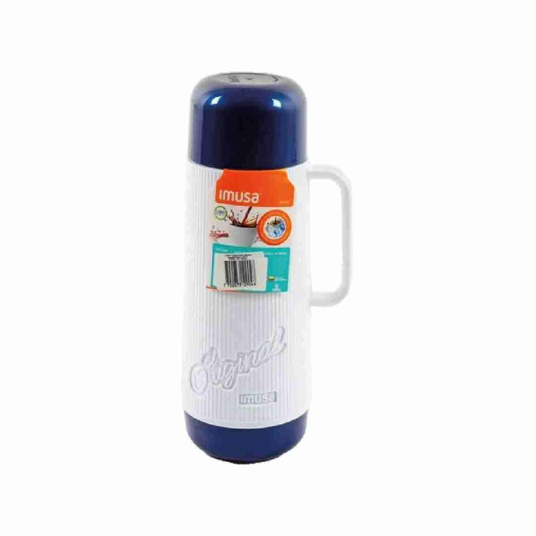 Termo térmico Imusa de 1 litro con cuerpo blanco acanalado, tapa y base azul, asa lateral y relieve Original