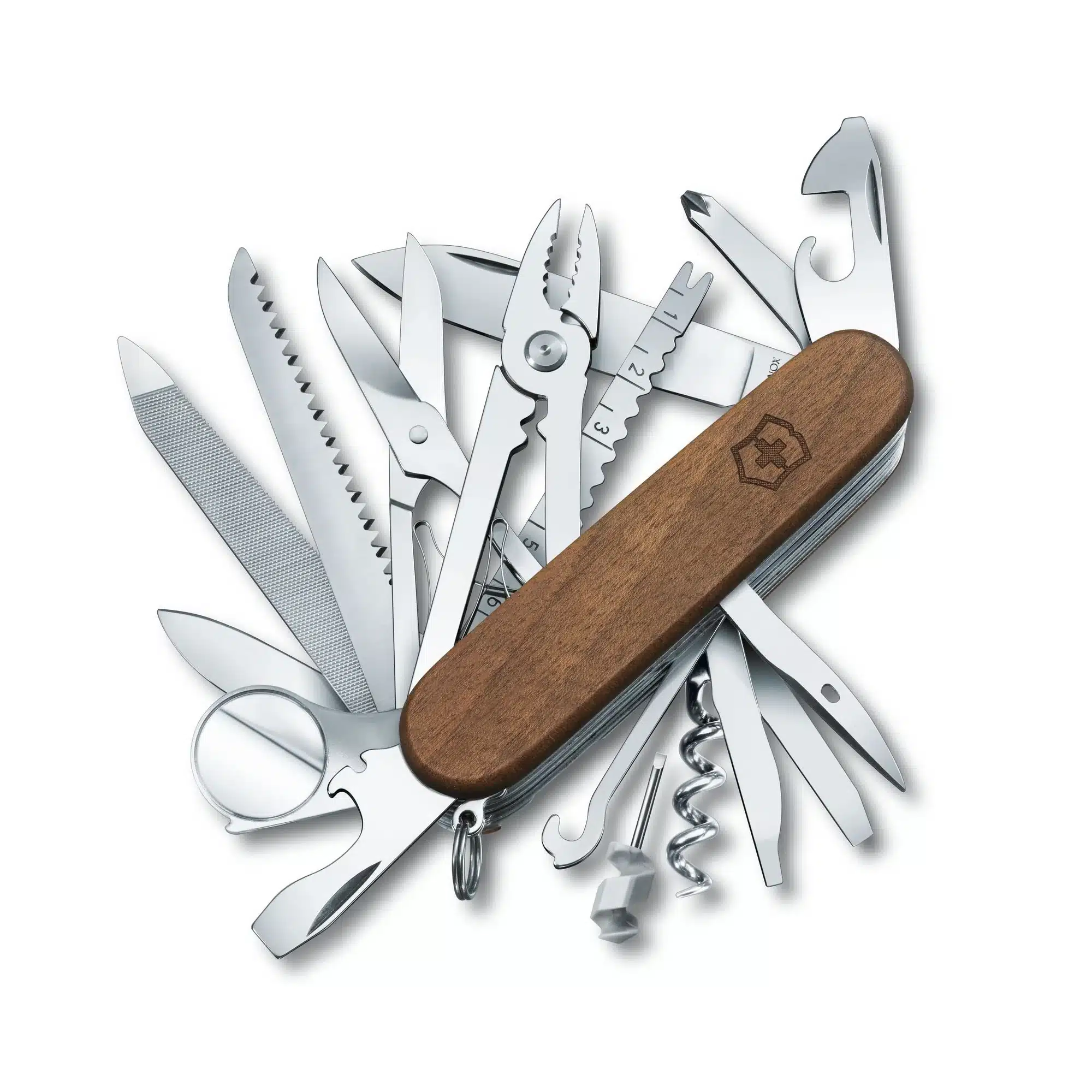 Navaja Victorinox SwissChamp abierta mostrando alicate, sierras, tijeras, lupa, sacacorchos y destornilladores