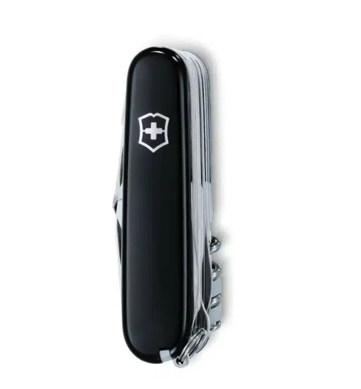 Navaja suiza SwissChamp Victorinox negra cerrada vista de lado con escudo de la cruz y anilla metálica