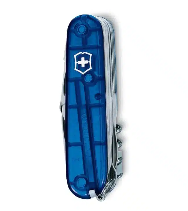 Victorinox SwissChamp azul cerrada, cachas translúcidas con escudo de la cruz suiza y anilla para llavero