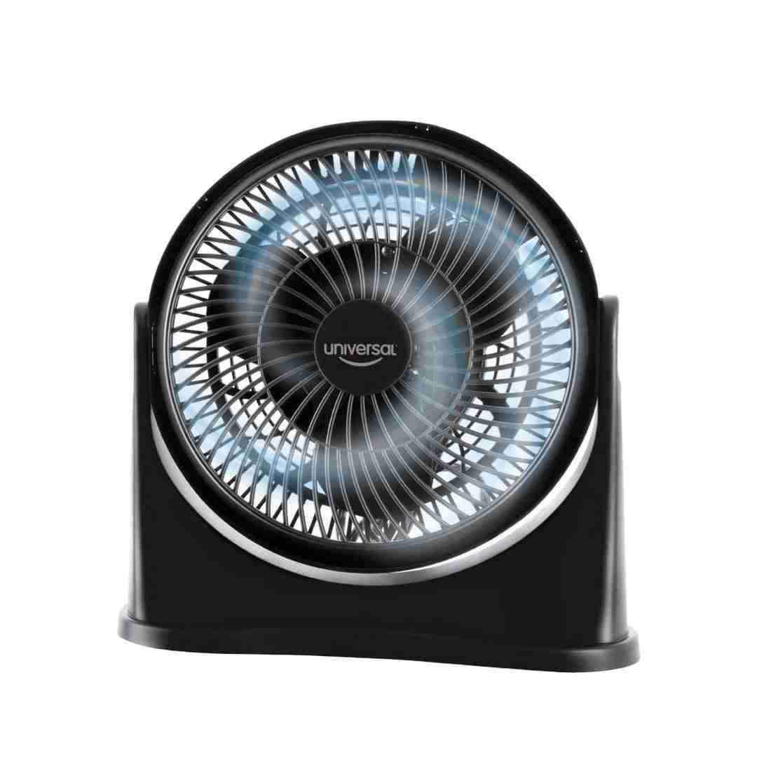 Ventilador pequeño Universal de 8 pulgadas color negro con rejilla protectora y base para mesa, sobre fondo blanco