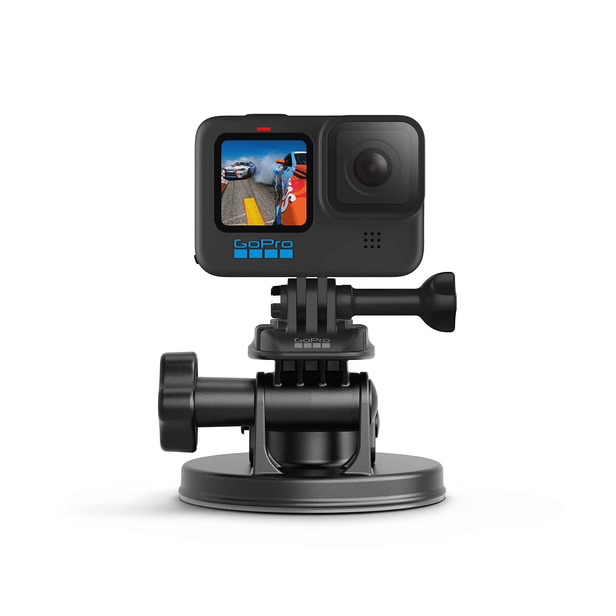 Ventosa GoPro Suction Cup AUCMT-302 negra con cámara GoPro Hero montada con hebilla y tornillo de ajuste sobre base redonda