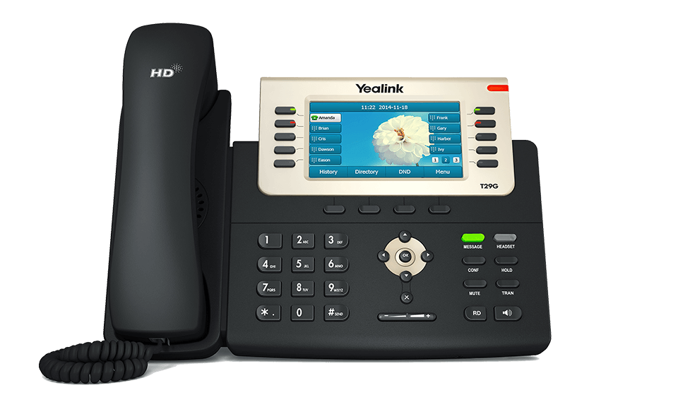 Teléfono IP Yealink T29G de frente con auricular HD, pantalla a color, teclado numérico y teclas de función para oficina