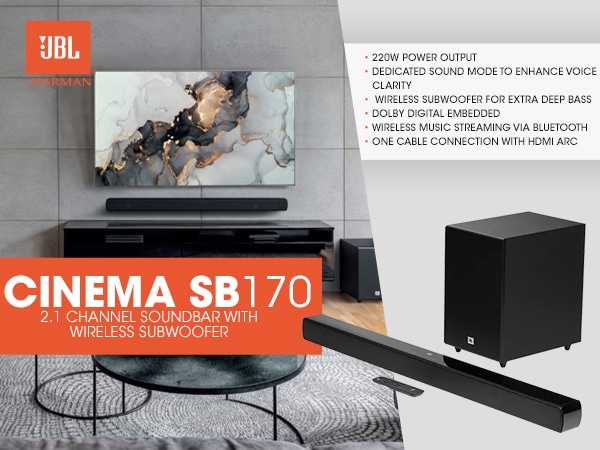 Barra de sonido para televisor JBL Cinema SB170 2.1 instalada en sala bajo el TV con sus características principales