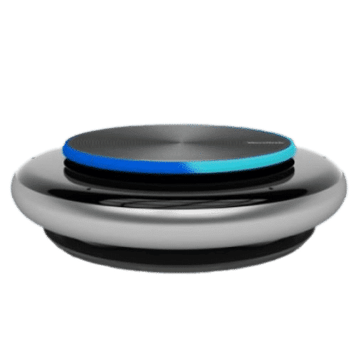 Parlante bluetooth para reuniones Yealink CP900 de lado con anillo de luz azul encendido en la parte superior