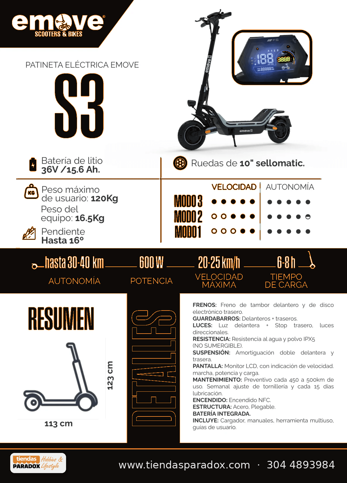 Patineta Eléctrica EMOVE S3 - 600W, hasta 25 km/h, Plegable - Imagen 2