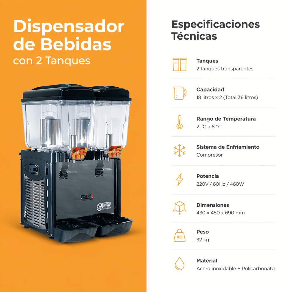 Dispensador de bebidas frías 2 tanques 24 L Joserrago M-2M industrial - Imagen 2