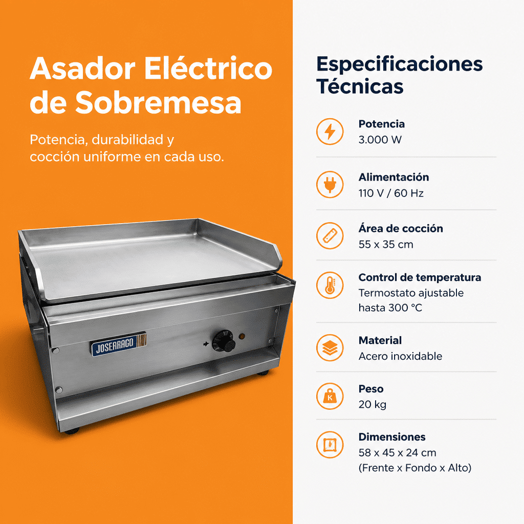 Asador plancha eléctrico de sobremesa Joserrago M-3E 1.600 W hierro fundido - Imagen 5
