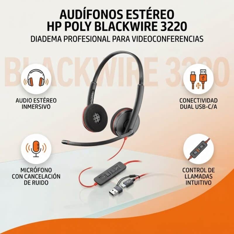 Diadema call center USB-C HP Poly Blackwire 3220 Estéreo