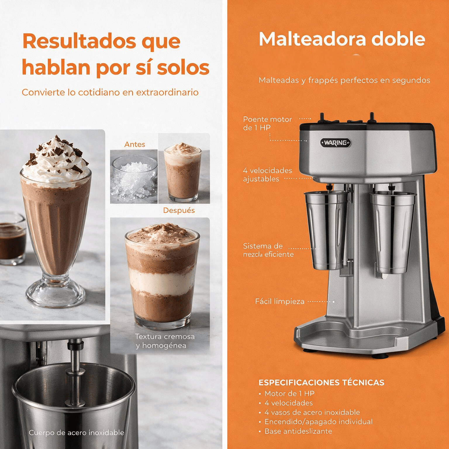 Malteadora doble Waring WDM240X 2 motores y 3 velocidades acero inox - Imagen 8