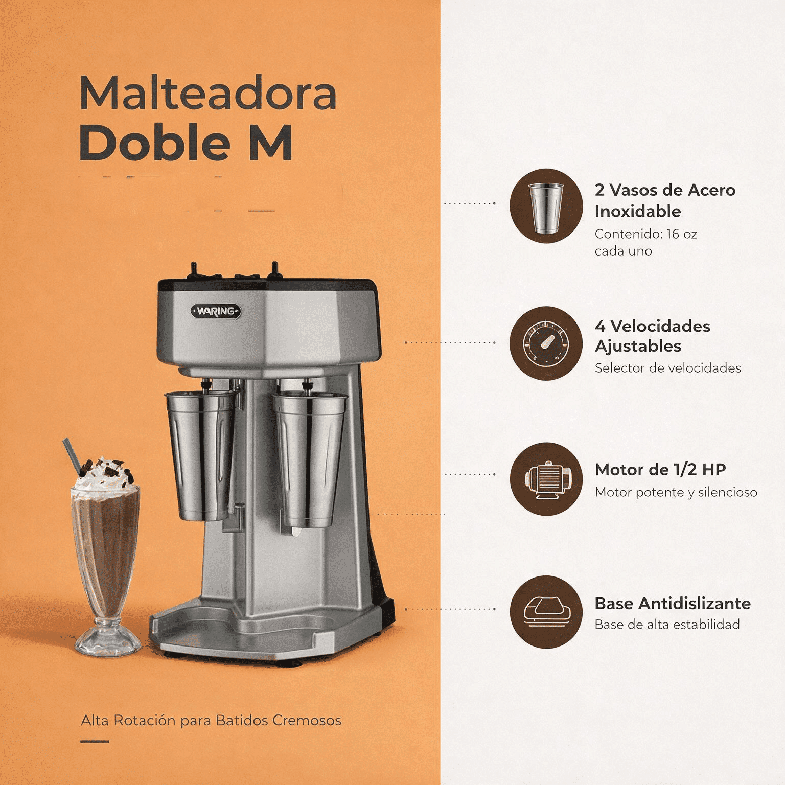 Malteadora doble Waring WDM240X 2 motores y 3 velocidades acero inox - Imagen 6