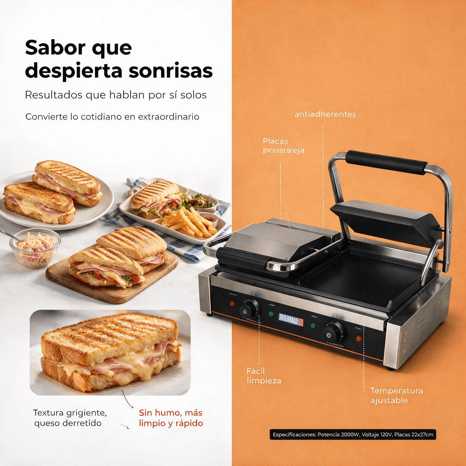 Sanduchera doble lisa Joserrago M-EGD20-A 3.000 W planchas hierro fundido - Imagen 2
