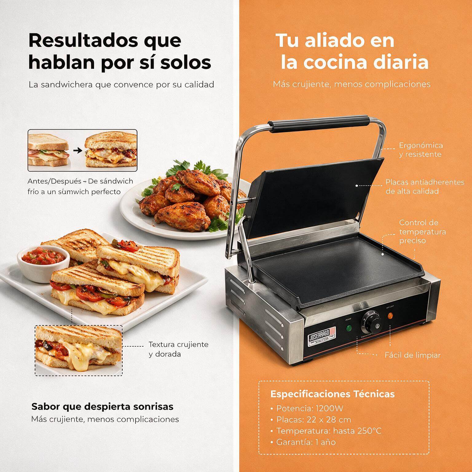 Sanduchera sencilla lisa Joserrago M-EDG14-A 1.700 W hierro fundido - Imagen 5