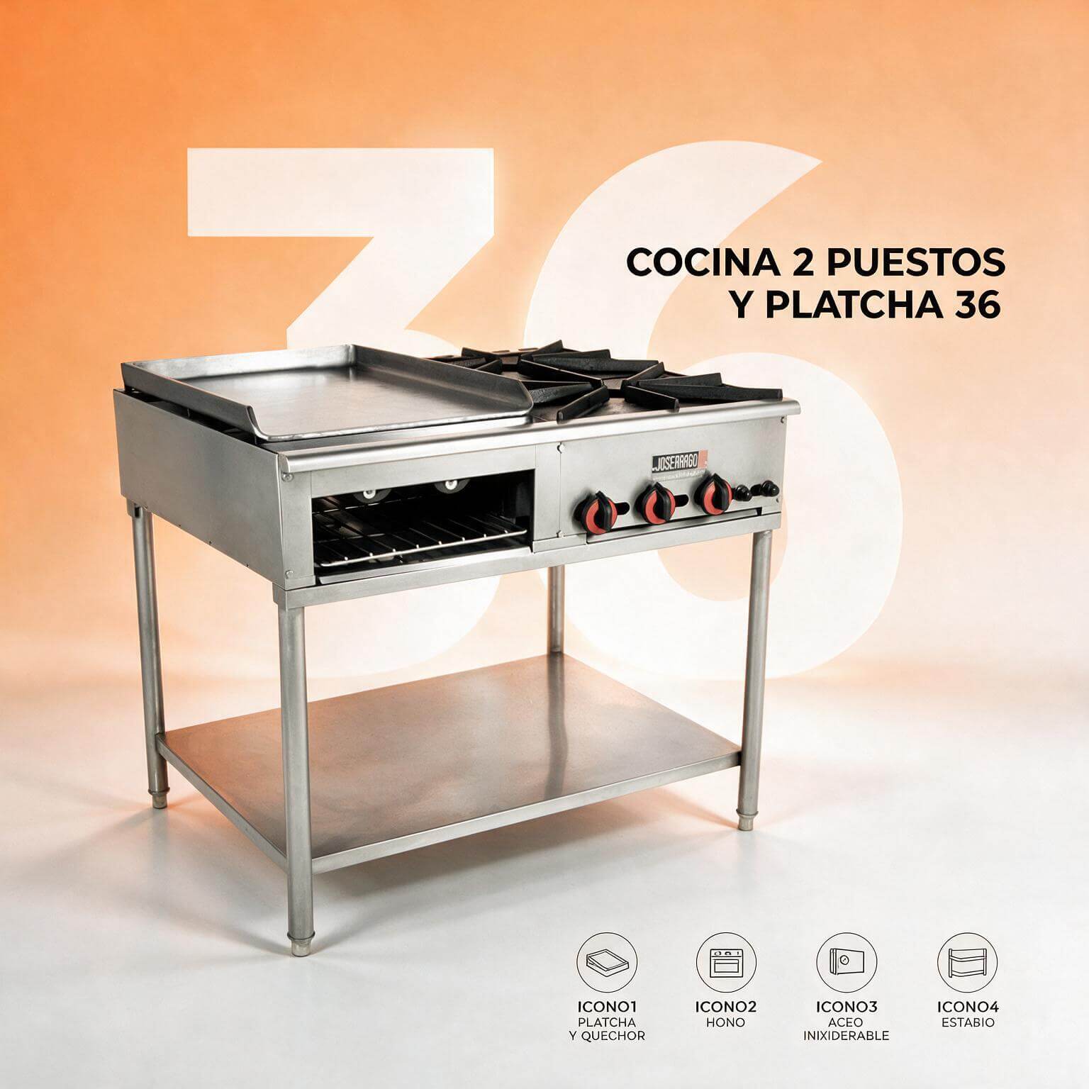 Cocina industrial 2 puestos plancha y horno a gas Joserrago M-37 acero inox