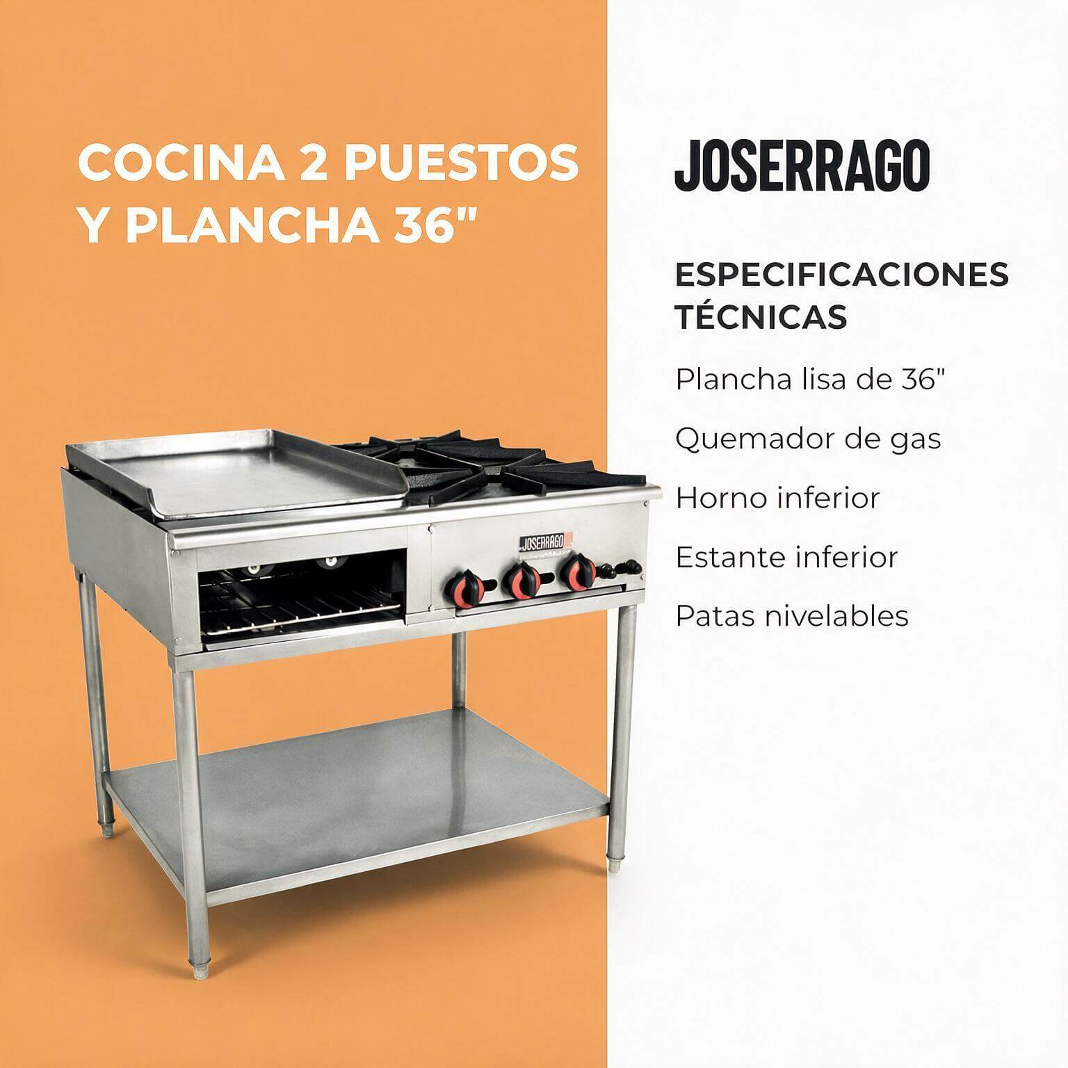 Cocina industrial 2 puestos plancha y horno a gas Joserrago M-37 acero inox - Imagen 2