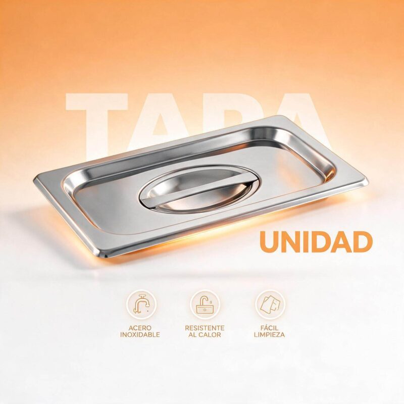 Tapa azafate 1/4 GN Joserrago M-C24C en acero inoxidable con asa central, vista sobre fondo naranja y blanco