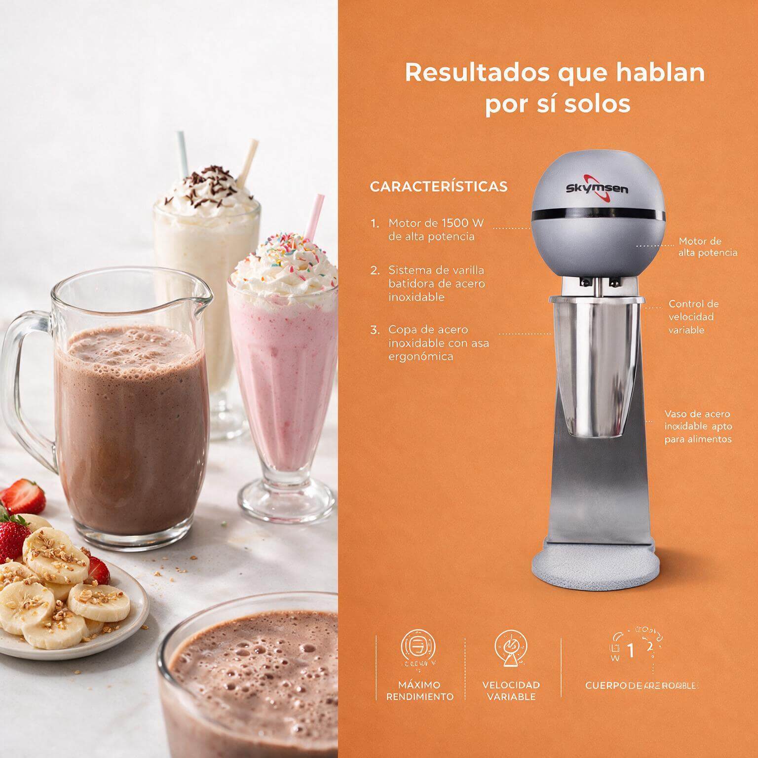 Malteadora sencilla 500 W M-BMS vaso en acero inoxidable de 3/4 litro - Imagen 4