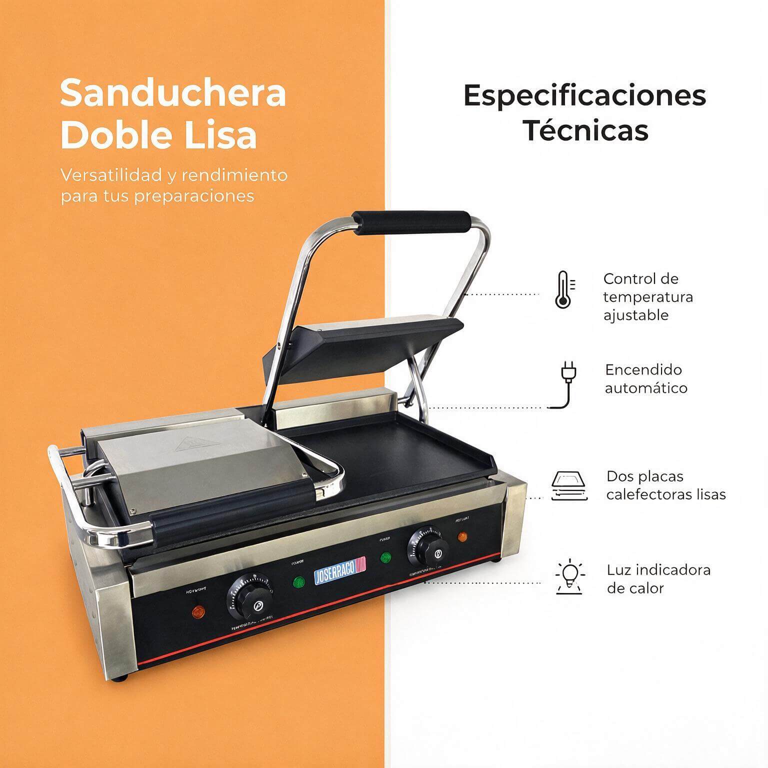 Sanduchera doble lisa Joserrago M-EGD20-A 3.000 W planchas hierro fundido - Imagen 6
